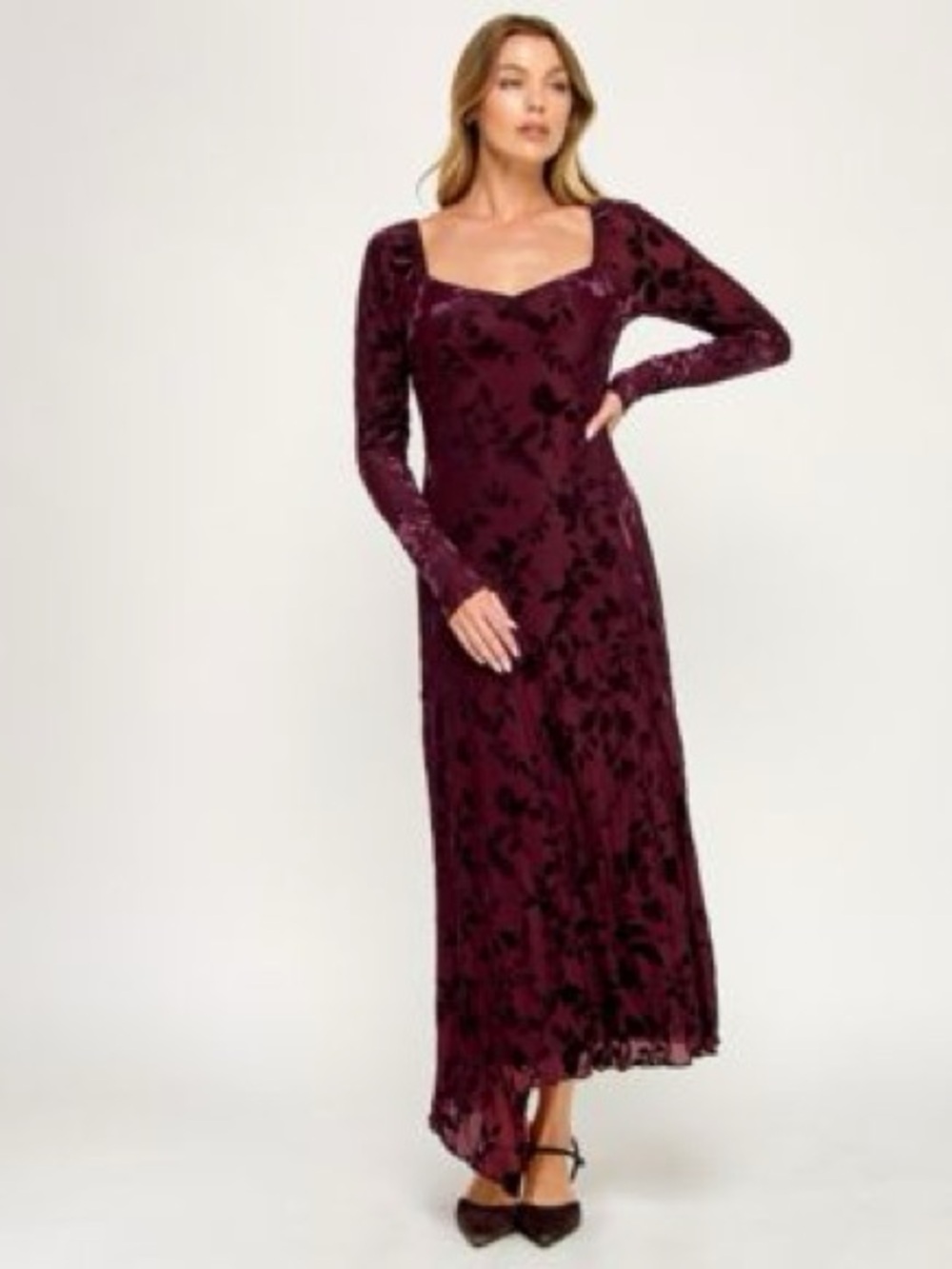 Trixxi Long Sleeve Floral Burnout Maxi Dress in Burgundy